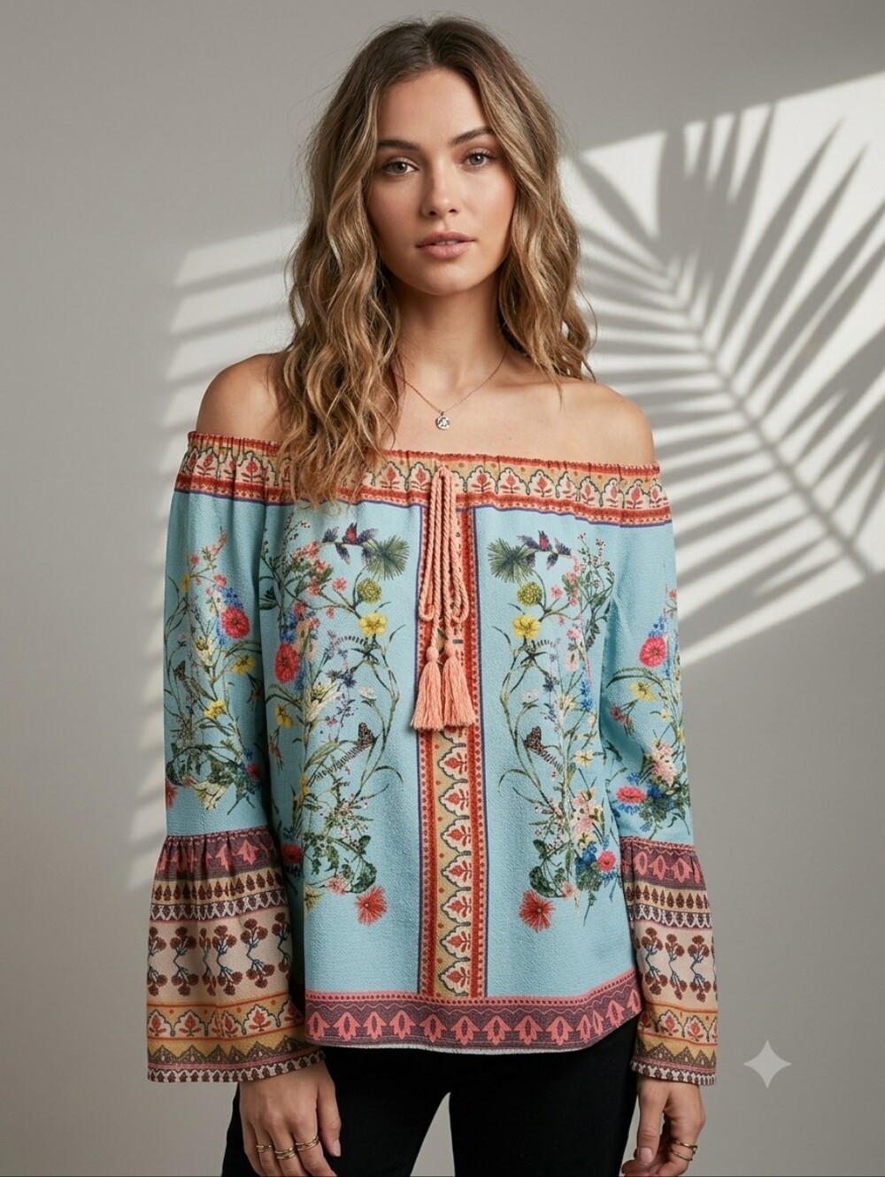 Umgee Boho Floral Off the Shoulder Bell Sleeve Blouse Festival Peasant Top Small